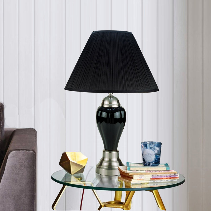1Pc Elegant Crafted Table Lamp Glossy Gray Base Contrasting Metallic Details Pleated Shade Modern Look Porcelain Rotary Switch, 100WATT, Table Lamp