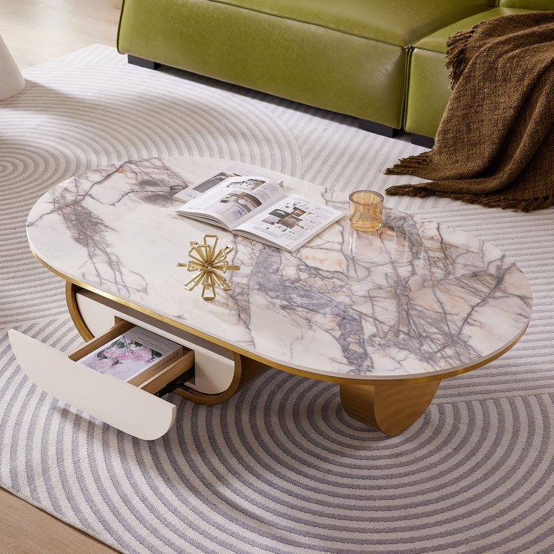 55.2" Modern Luxury Oval Faux Marble Coffee Table, Gold Oval Coffee Table with Storage Drawer & Open Shelf, Sintered Stone Top