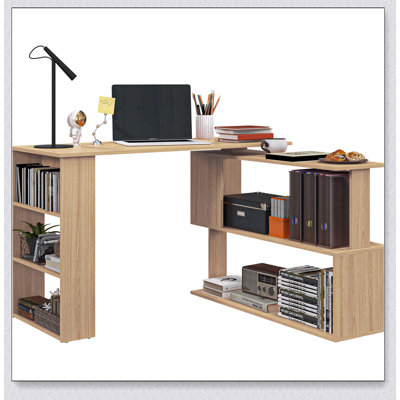 Bureau d'angle en L, bureau à domicile rotatif à 360 degrés avec tablettes de rangement, poste de travail de table d'écriture