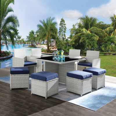 Ensemble bistro en osier et tissu bleu 9 pièces Paitalyi, parfait pour les patios et les jardins