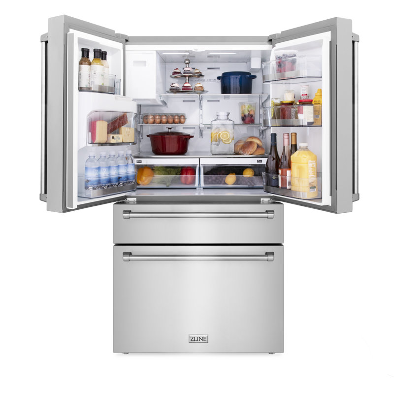 ZLINE 36" 21.6 cu. ft. 4-Door French Door Refrigerator with Water and Ice Dispenser and Water Filter, Stainless Steel
