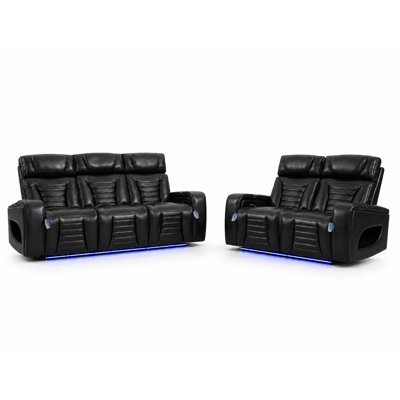 Ensemble de canapé et de causeuse inclinable électrique noir 2 pièces avec massage, chauffage, recharge sans fil, haut-parleurs, éclairage à DEL