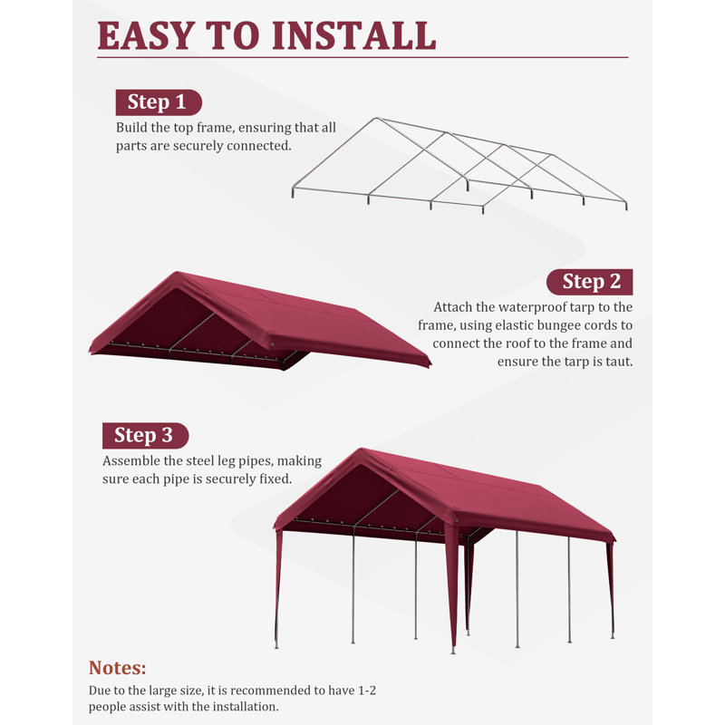 Carport Canopy Replacement Cover With Ball Bungees (Frame Is Not Included), Burgundy, 112.8" H x 144" W x 240" D