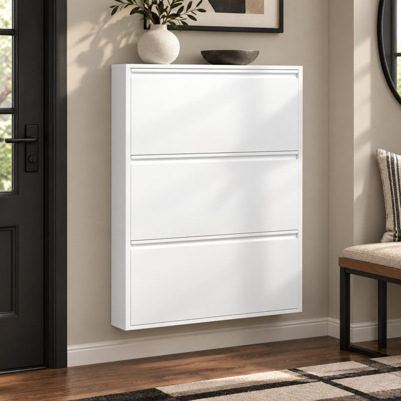 Armoire de rangement murale à chaussures avec 3 tiroirs rabattables et structure en métal, Blanc