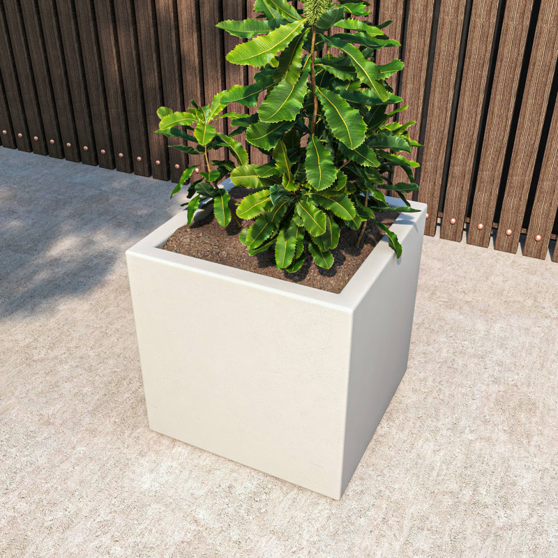 Urta Square Fiberstone Planter Modern Handmade MGO Clay Plant Pot with Drainage Holes for Indoor & Outdoor Use, White