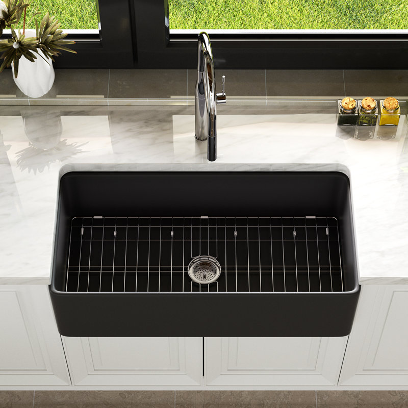Single Bowl Rectangular Fireclay Farmhouse Kitchen Sink with Sink Grid & Basket Strainer, Black, 10" H x 18" W x 36" L