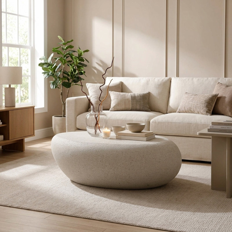 Table basse elliptique FFZ 43 po Vintage Matte Rocks, sans assemblage, en fibre de verre blanc crème.