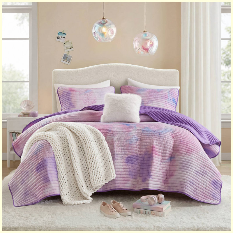 Ensemble de courtepointe 4 pièces pour grand lit / grand motif de teinture à l'aquarelle avec coussin décoratif - mauve