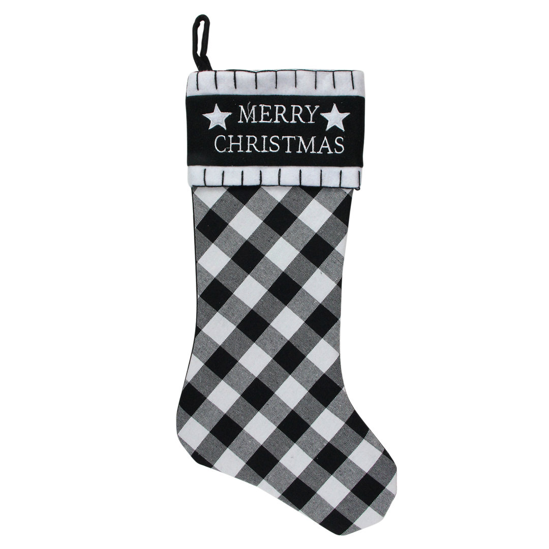 20.5" Black and White "Merry Christmas" Christmas Stocking with Blanket Stitch Cuff The Holiday Aisle®