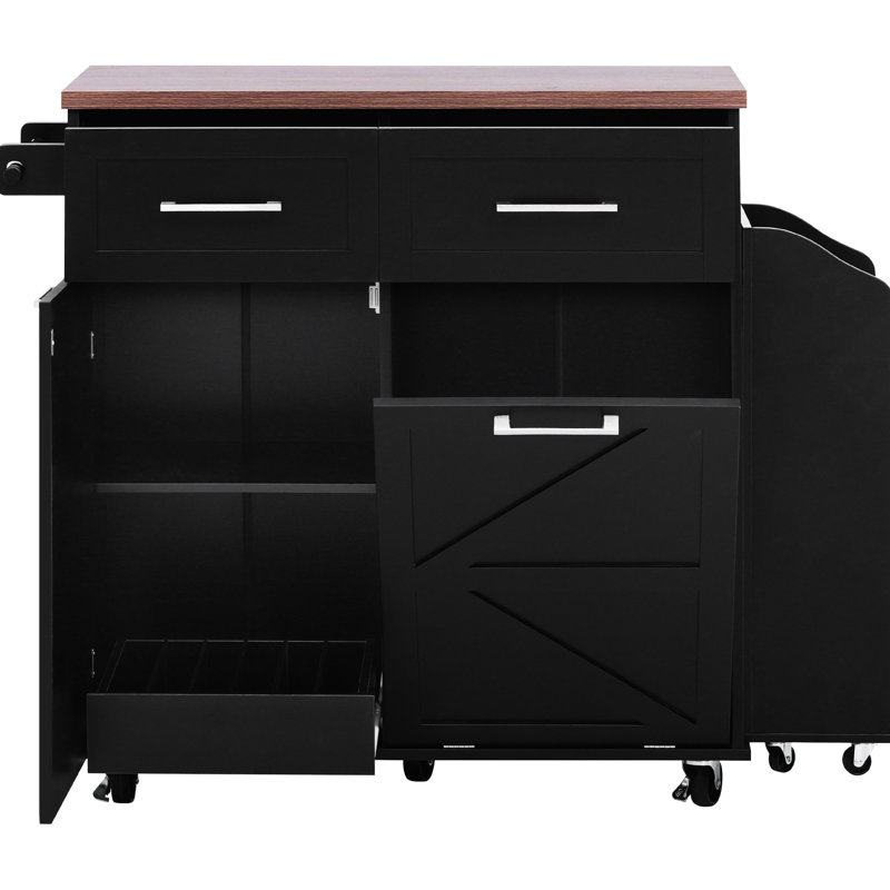 Îlot de cuisine 47,2 po, abattant, côté amovible, porte-serviettes, poubelle à bacs inclinables dissimulés, Black