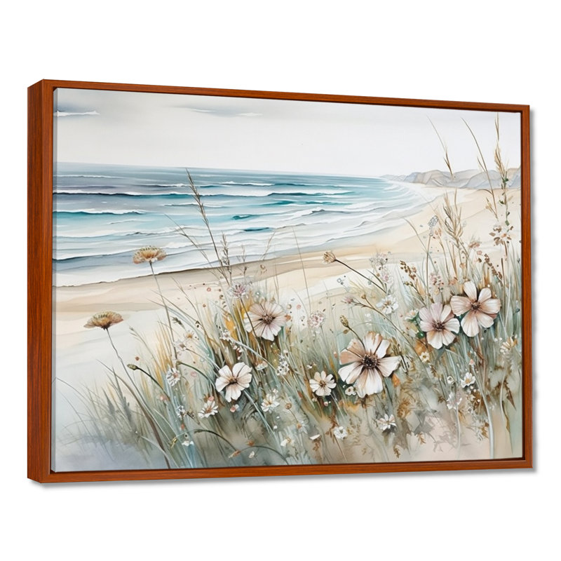 Fleurs sauvages sur la plage - Fleurs sauvages encadrées, H 34 po x l 44 po x P 1,5 po, Cadre flottant brun