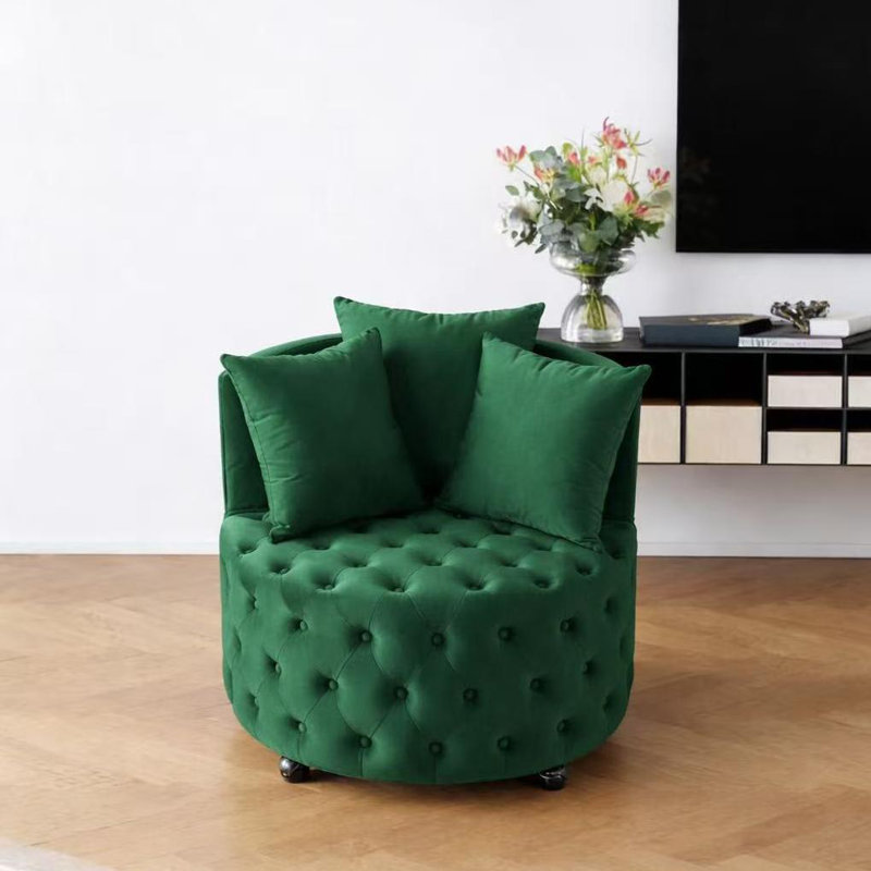 Chaise pivotante rembourrée en velours pour le salon, avec conception capitonnée à boutons et roues mobiles, comprenant 3 coussins
