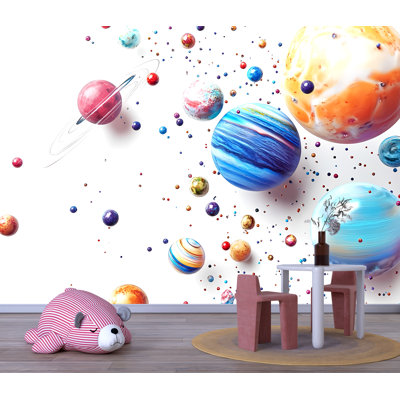 Solar System Wall Mural – Colorful 3D Planets Wallpaper For Kids’ Rooms, Classrooms, Or Space-Themed Decor