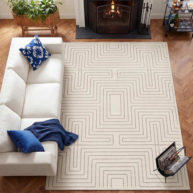 Rectangle Geometric Synthetic Area Rug, Beige, 200 x 300 cm