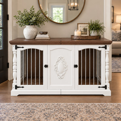 62" Farmhouse Solid Nordic Spruce Wood Dog Crate Furniture for 2 Dogs, Double Dog Kennel TV Stand with Removable Divider & Hand-Carved Details, Antique White