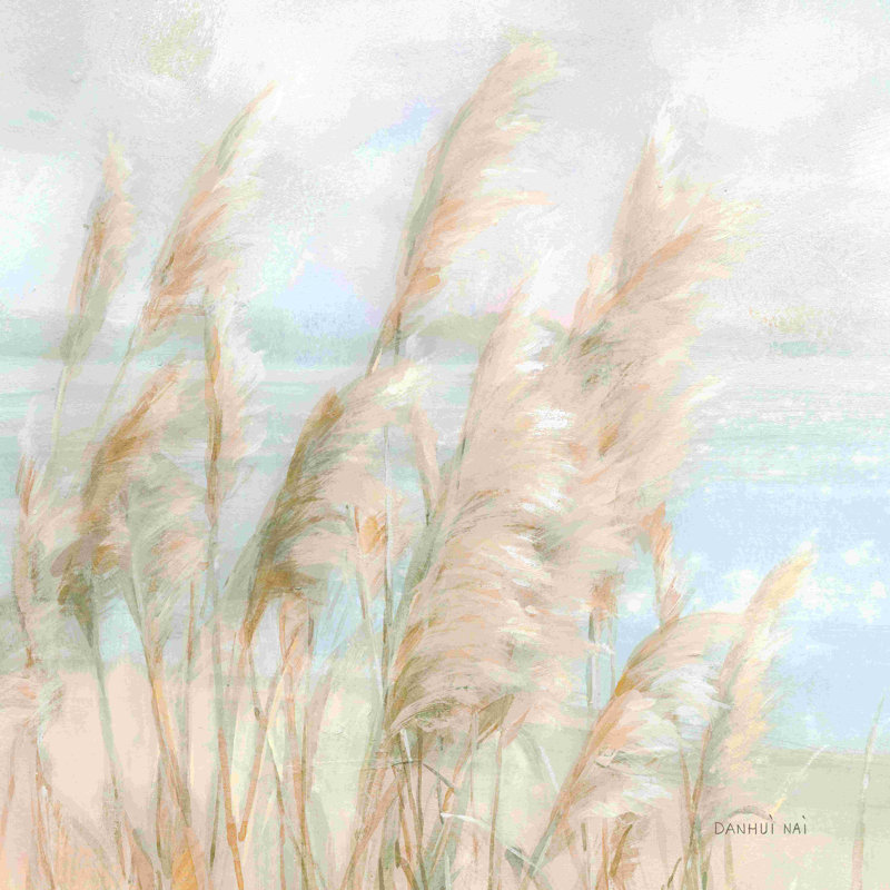 Récolte de pampas en bord de mer - peinture, H 12 po x l 12 po, Oui, Papier avec cadre photo noyer