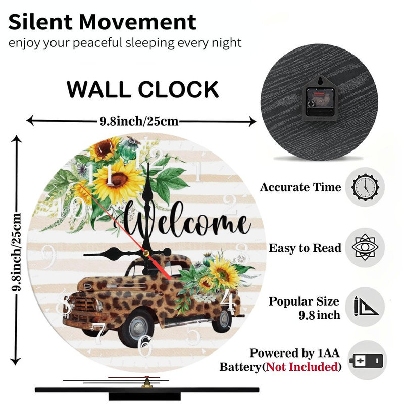 Horloge murale en bois 10 po, mouvement silencieux, à piles (piles AA non incluses), décor artistique, parfait pour les décorations