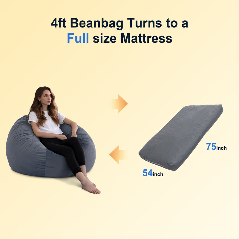 Versatile Bean Bag Chair Filling With Memory Foam Shredded, Plush Velvet Removable Cover For Convertible Seat & Guest Bed