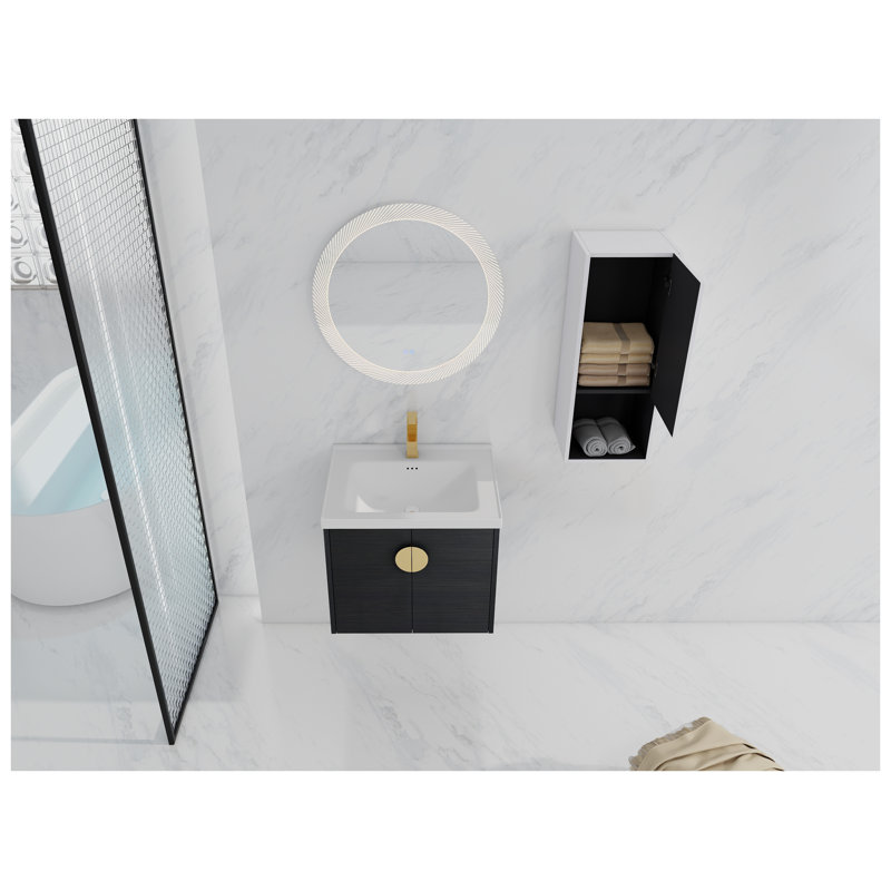 Meuble-lavabo mural 24 po avec lavabo en céramique et armoire d'appoint en châtaignier noir ou blanc, 24"