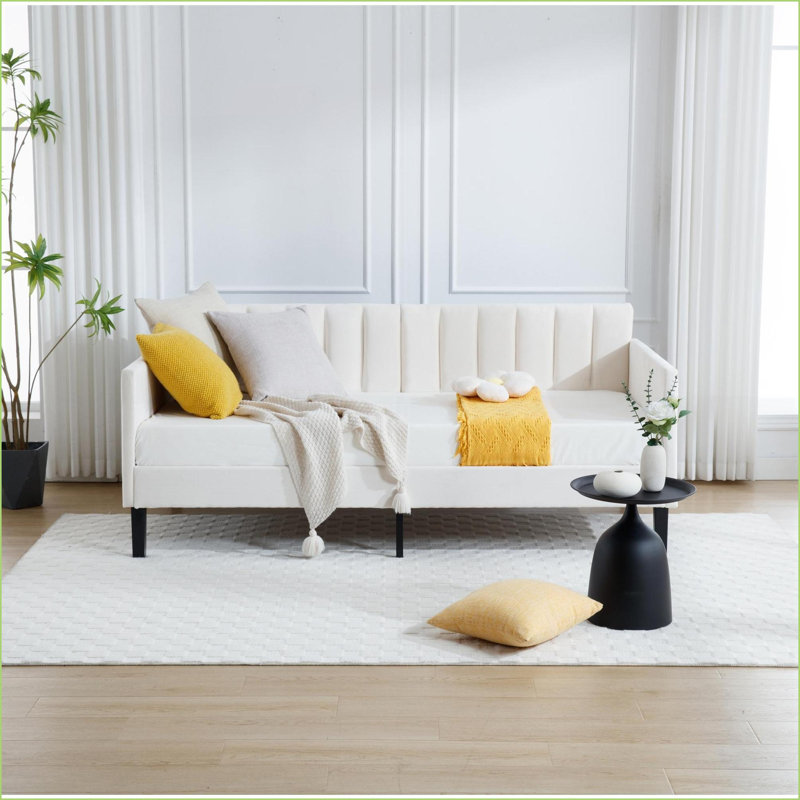 Twin Size Beige Velvet Upholstered Daybed with Tufted Backrest - Squeak-Free Metal Frame, No Box Spring Needed for Living Room