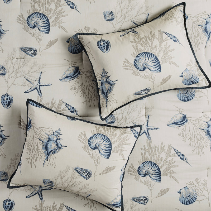 King Comforter - Blue 100% Cotton Accent Print Adorned 7 Piece For With