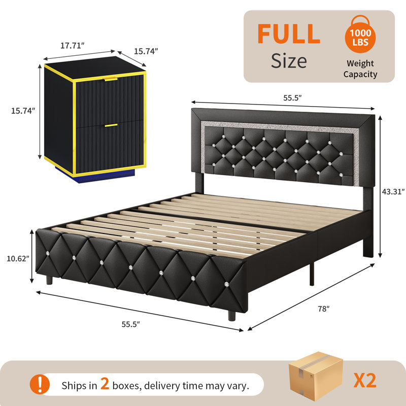 3 PC Faux Leather Diamond Tufted Platform Bed Set ,Bed Frame With Set Of 2 Modern Led End Table., Full, Black