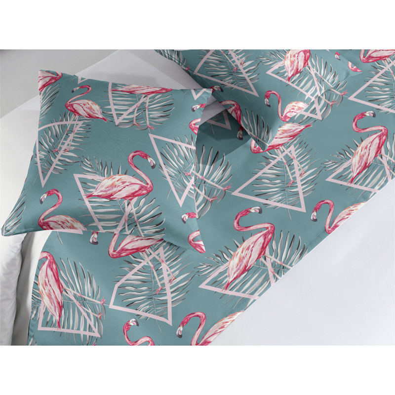 Ensemble de chemin de lit Ambesonne Hawaiian Triangles Leaves Flamingo Cadet - bleu et rose, Très grand