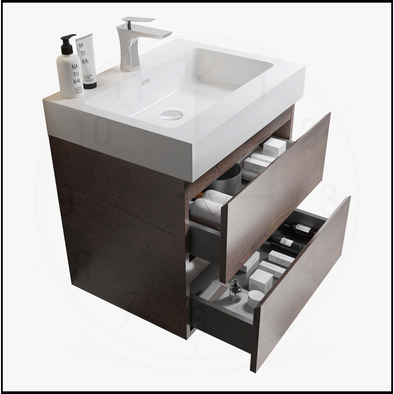 Meuble-lavabo pour salle de bain moderne avec lavabo noir, fixé au mur et flottant, 24", Noyer