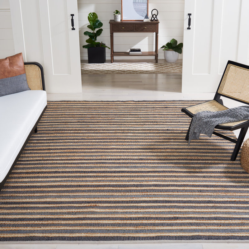 Wlikerson Hand Woven Jute/Cotton/Wool Striped Rug in Charcoal/Ivory, Rectangle 6' x 9'