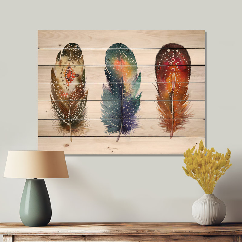 Ensemble de plumes colorées Boho - reproduction bohémienne et éclectique sur bois de pin naturel
