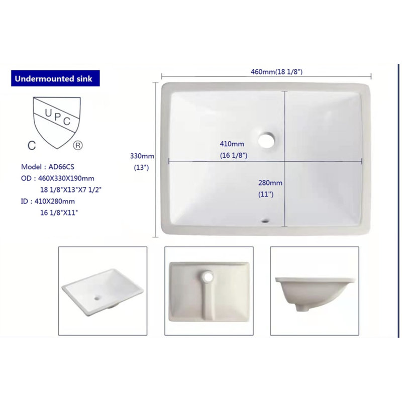 Kube Bath 13.125'' White Ceramic Rectangular Bathroom Sink with Overflow