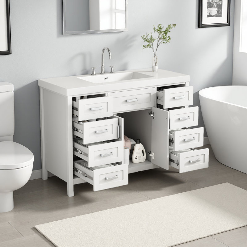 Meuble-lavabo 48 po avec lavabo, 2 portes et 8 tiroirs de différentes tailles, système de fermeture en douceur, Blanc