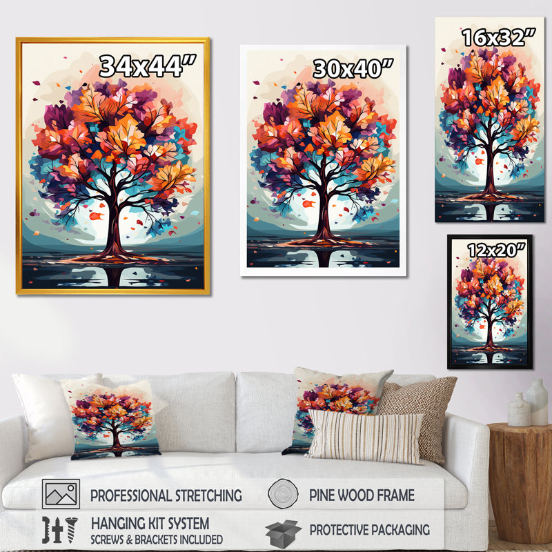 Orange orange, feuillage d'arbre I - art mural arbre, Cadre flottant doré, H 40 po x l 30 po x P 1,5 po