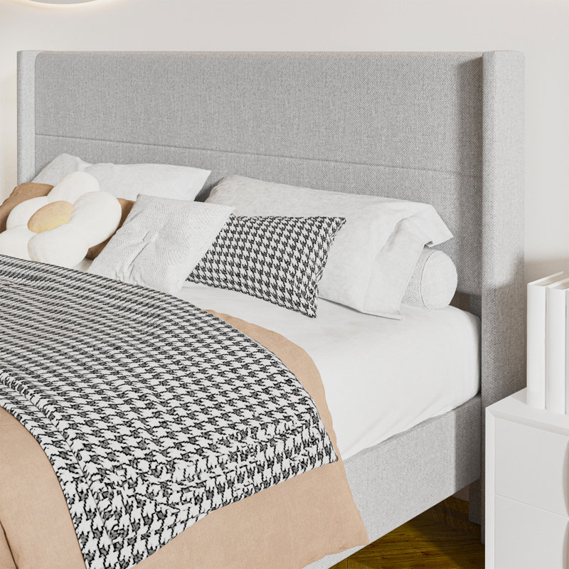 Queen Size Bed Frame, Linen Upholstered Platform with Wingback Headboard, Wooden Slats Support, No Box Spring Needed, Easy Assembly, Light Grey