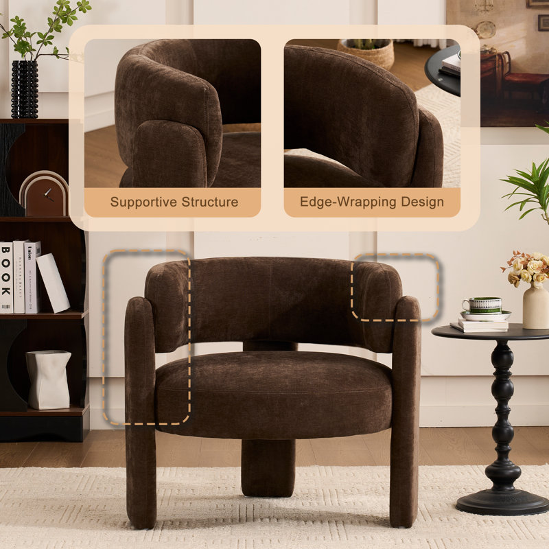 33" Modern Accent Chair with Curved Backrest and Three-Leg Base, Brown
