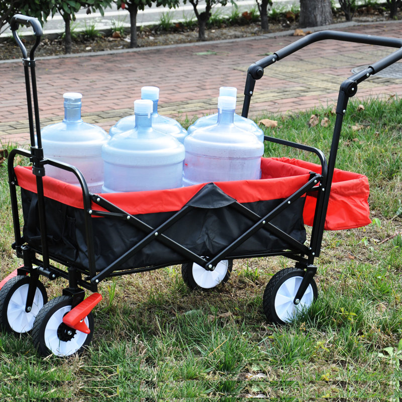 Chariot portatif d'extérieur pliable - Chariot utilitaire robuste avec cadre arrière et capacité de charge de 68 kg (frein de secours à roue avant en tissu 600D noir et rouge)