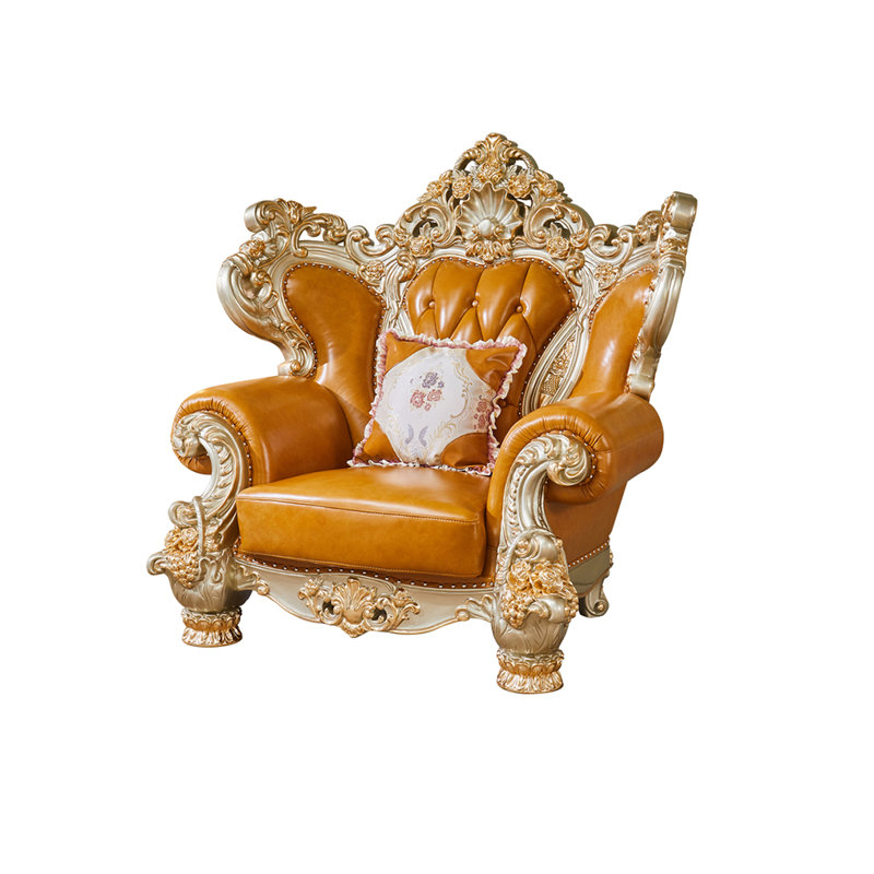 Fauteuil de style européen en bois massif de cuir de vache capitonné de 57,09 po de largeur