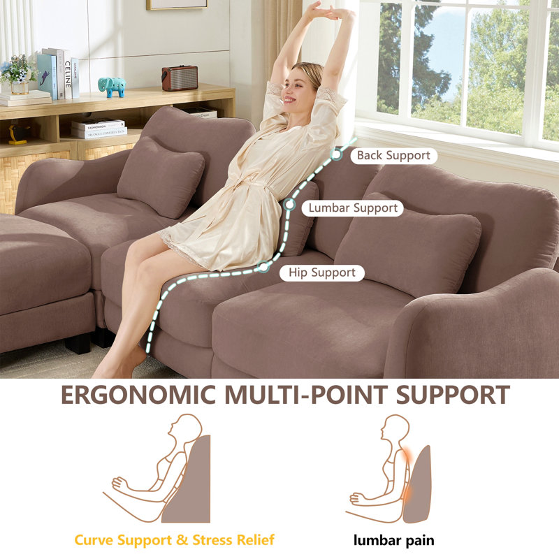 Canapé d'angle en chenille avec coussin lombaire délicat, design ergonomique incurvé, pouf amovible, montage facile pour le salon