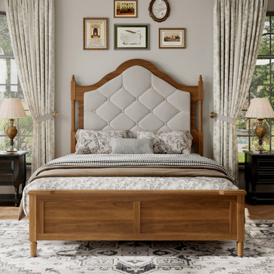 Mid-Century Upholstered Bed Frame with Panel Headboard and Footboard