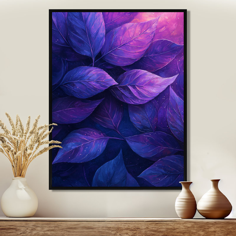 Plum Leaves Evening Collage II - feuilles, art mural, H 32 po x l 24 po, Noir, Impression encadrée