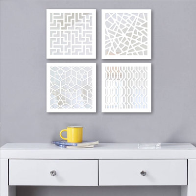 Elegant Mirror Set (4 Pieces), Silver Finish, 7.9 x 7.9 inches | 100% Glass with 0.12 inch MDF Laser Cut Pattern | Easy Wall Hanging Design | Perfect for Home Decor, Living Room & Bedroom Accents