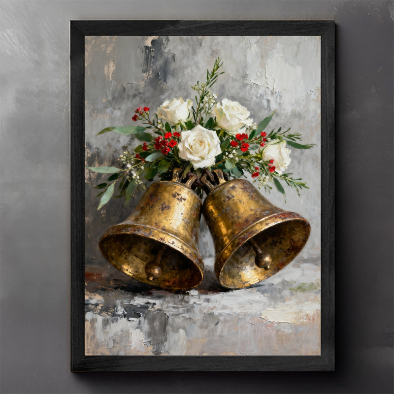 Art mural encadré noir avec clochettes et fleurs en cuivre rétro, H 25 po x l 17 po