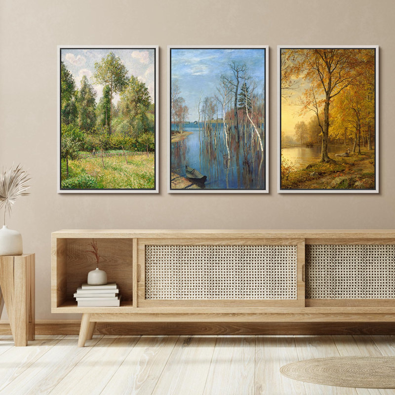 «Seasonal Lakeside Beauty Vibrant Nature Landscape Vintage Classic Rustic Art Decor Relax», 3 pièces, Blanc