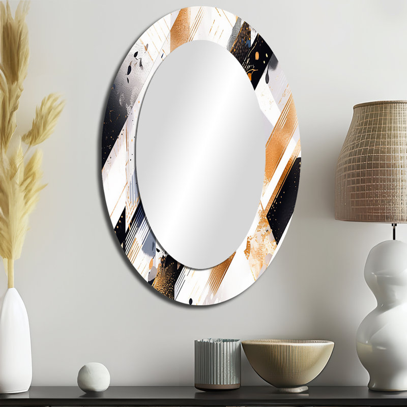 Or noir symétrique Sripes I - grand miroir mural ovale sur métal, 36 po x 24 po