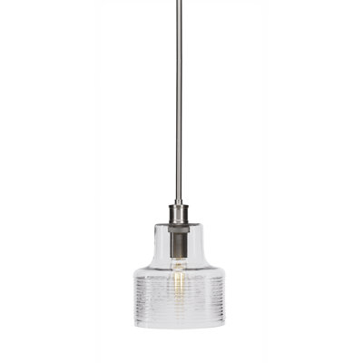 Suspension Boutin à une lumière, présentée en finition nickel brossé avec un verre transparent de 19 cm (7,5 po).