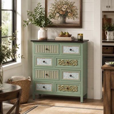 Commode de rangement vert sauge «Fienley» avec tiroirs d'inspiration rétro, armoire d'appoint de style campagne moderne