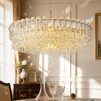 Lustre en cristal de 80 cm (31,5 po), suspension ronde à 21 lumières avec motif de cristal en cascade