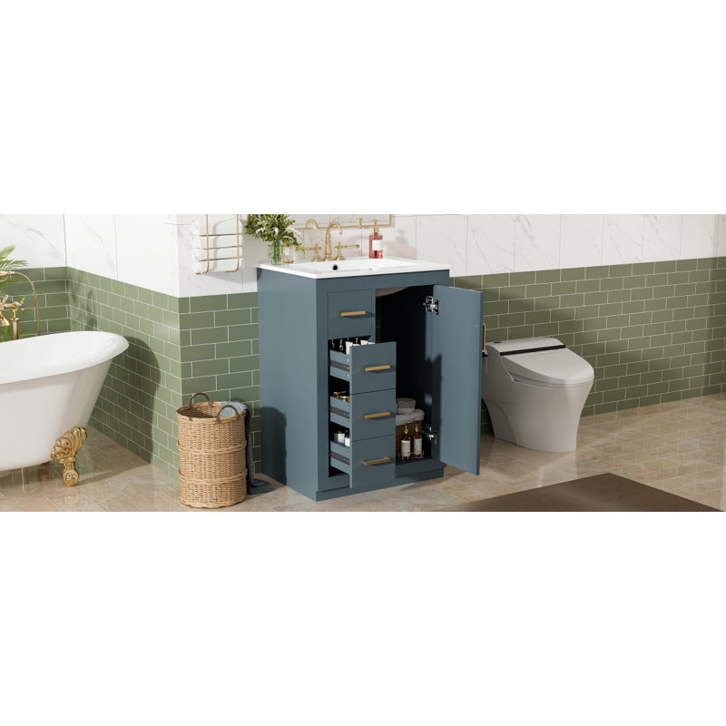 Meuble-lavabo 24 po avec lavabo en céramique intégré, 1 porte, 3 tiroirs, meuble-lavabo simple pour petite et moyenne salle de bain, bleu