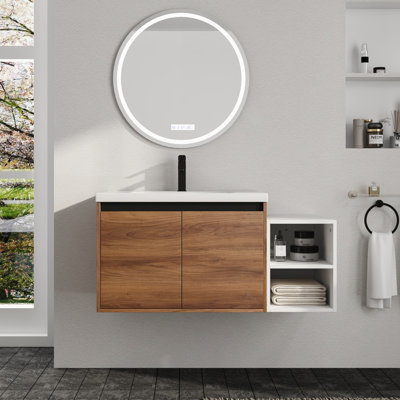 Meuble-lavabo mural Earnby 42 po avec lavabo en résine, petites étagères de rangement, tablette réglable, portes à fermeture amortie, brun ébène