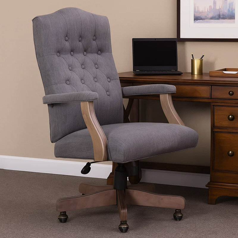 Jake Executive Armchair With Driftwood Finish, Gray Button Tufted Linen, Commercial Grade Linen Slate Gray